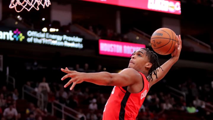 Jan 9, 2022; Houston, Texas, USA; Houston Rockets guard Josh Christopher (9) elevates for a slam dunk against the Minnesota Timberwolves during the second quarter at Toyota Center. Mandatory Credit: Erik Williams-USA TODAY Sports
