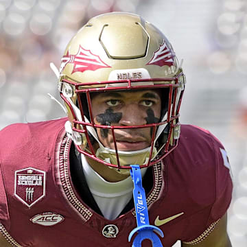 Sep 14, 2024; Tallahassee, Florida, USA; Florida State Seminoles defensive back Azareye'h Thomas (8) warms up before a game against the Memphis Tigers at Doak S. Campbell Stadium. Mandatory Credit: Melina Myers-Imagn Images