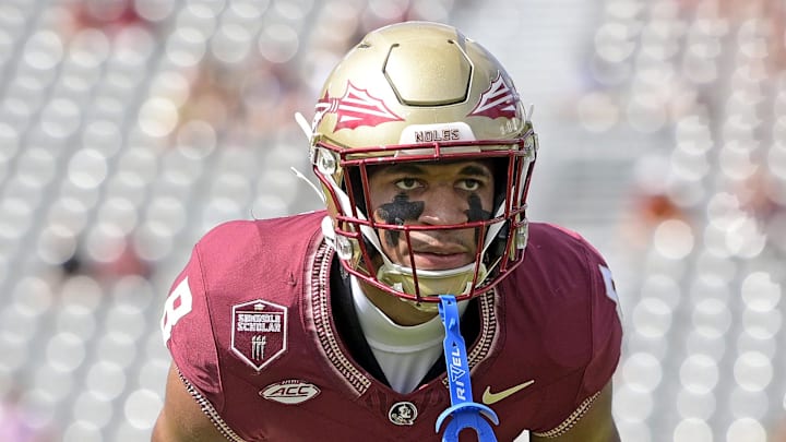 Sep 14, 2024; Tallahassee, Florida, USA; Florida State Seminoles defensive back Azareye'h Thomas (8) warms up before a game against the Memphis Tigers at Doak S. Campbell Stadium. Mandatory Credit: Melina Myers-Imagn Images