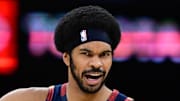 Cleveland Cavaliers center Jarrett Allen reacts after the Houston Rockets were called for a three second violation.