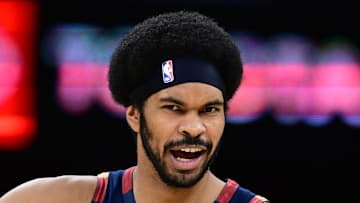 Cleveland Cavaliers center Jarrett Allen reacts after the Houston Rockets were called for a three second violation.