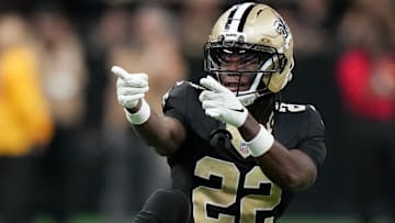 Oct 5, 2025; New Orleans, Louisiana, USA; New Orleans Saints wide receiver Rashid Shaheed (22) celebrates after a play against the New York Giants during the fourth quarter at Caesars Superdome.