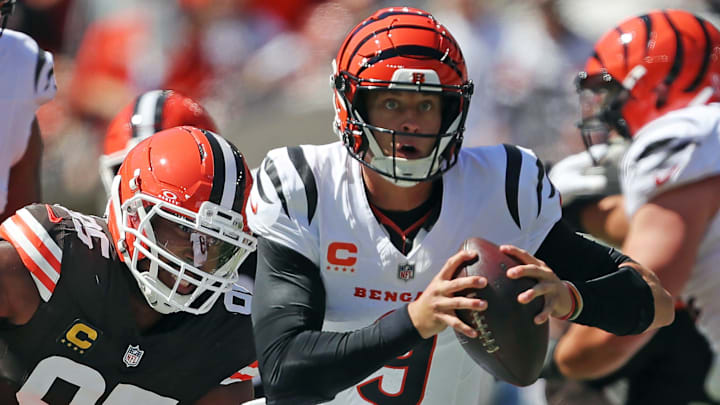 Cleveland Browns defensive end Myles Garrett (95) chases down Cincinnati Bengals quarterback Joe Burrow (9) during the first half of an NFL football game at Huntington Bank Field, Sept. 7, 2025, in Cleveland, Ohio. Cleveland Browns defensive end Myles Garrett (95) chases down Cincinnati Bengals quarterback Joe Burrow (9) during the first half of an NFL football game at Huntington Bank Field, Sept. 7, 2025, in Cleveland, Ohio.