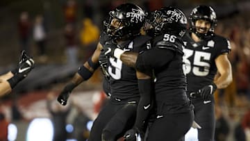 Oct 3, 2020; Ames, Iowa, USA; Iowa State defensive end Will McDonald IV (9) celebrates a sack during their football game at Jack Trice Stadium. Iowa State would go on to defeat Oklahoma 37-30. Mandatory Credit: Brian Powers-Imagn Images