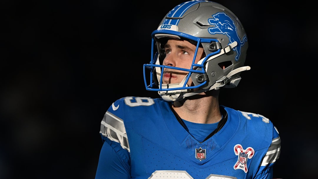 Dec 21, 2025; Detroit, Michigan, USA; Detroit Lions place kicker Jake Bates (39) looks on during warmups before the game against the Pittsburgh Steelers at Ford Field.