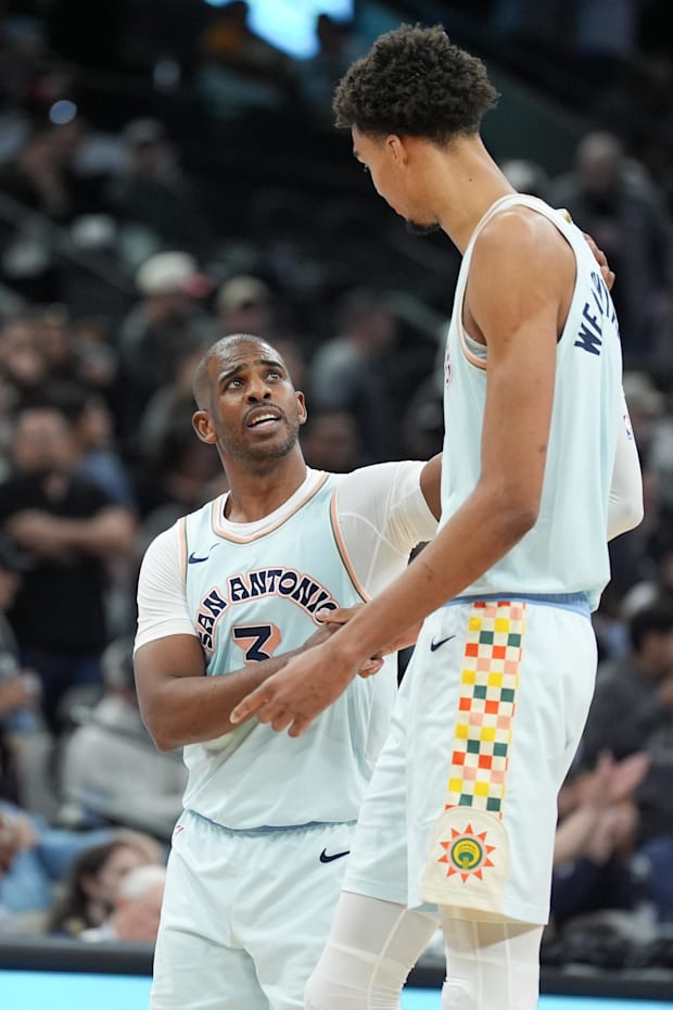  San Antonio Spurs guard Chris Paul (3) and center Victor Wembanyama (1) in the second half against the New Orleans Pelicans.