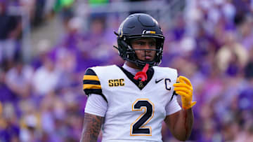 Sep 14, 2024; Greenville, North Carolina, USA;  Appalachian State Mountaineers wide receiver Kaedin Robinson (2) looks on against the East Carolina Pirates during the first half at Dowdy-Ficklen Stadium. Mandatory Credit: James Guillory-Imagn Images