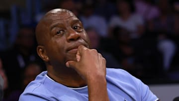 May 18, 2025; Los Angeles, California, USA;  Magic Johnson attends a WNBA game between the Los Angeles Sparks and the Minnesota Lynx at Crypto.com Arena. Mandatory Credit: Kiyoshi Mio-Imagn Images
