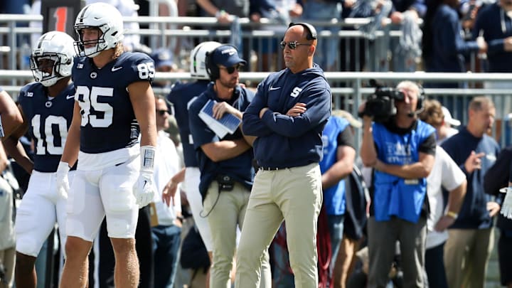 Penn State coach James Franklin looks on from the sideline during the first quarter against the Bowling Green Falcons at Beaver Stadium.