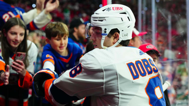 Nov 30, 2023; Raleigh, North Carolina, USA; New York Islanders defenseman Noah Dobson (8) goes past