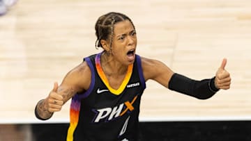 Phoenix Mercury guard Natasha Cloud (0) calls for a jump ball on June 30, 2024, at Footprint Center in Phoenix.