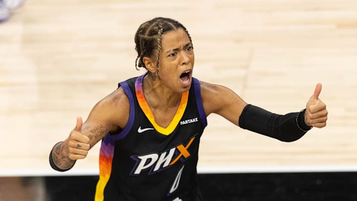 Phoenix Mercury guard Natasha Cloud (0) calls for a jump ball on June 30, 2024, at Footprint Center in Phoenix.