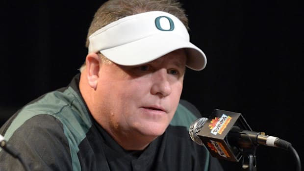 Oregon Ducks coach Chip Kelly at press conference after the 2013 Fiesta Bowl against the Kansas State Wildcats at University