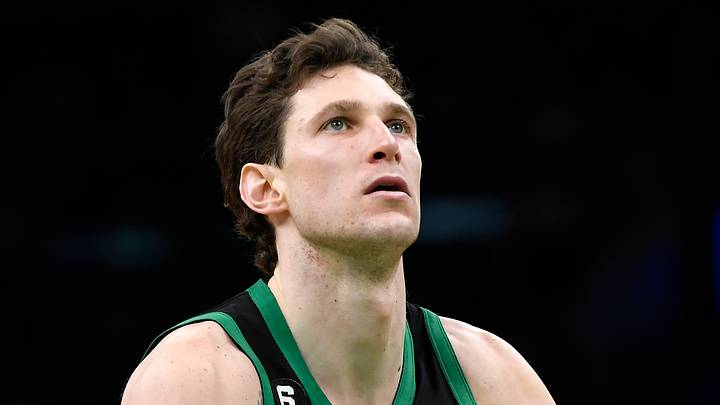 Apr 9, 2023; Boston, Massachusetts, USA;  Boston Celtics center Mike Muscala (57) shoots a free throw during the second half against the Atlanta Hawks at TD Garden. Mandatory Credit: Bob DeChiara-USA TODAY Sports