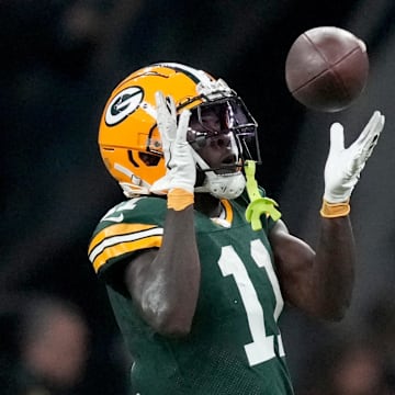 Sep 6, 2024; Sao Paulo, BRA; Green Bay Packers wide receiver Jayden Reed (11) makes a catch during the first half against the Philadelphia Eagles at Neo Quimica Arena. Mandatory Credit: Kirby Lee-Imagn Images