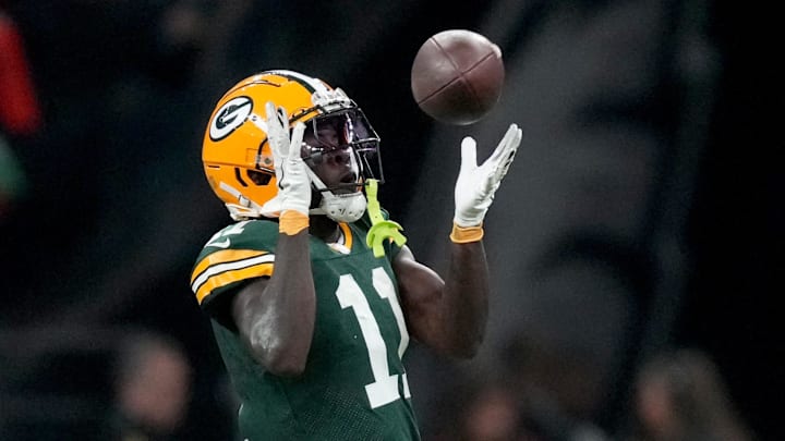 Sep 6, 2024; Sao Paulo, BRA; Green Bay Packers wide receiver Jayden Reed (11) makes a catch during the first half against the Philadelphia Eagles at Neo Quimica Arena. Mandatory Credit: Kirby Lee-Imagn Images