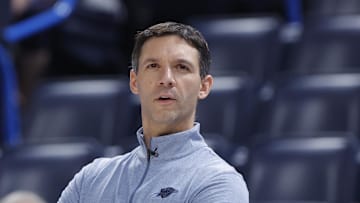 Nov 12, 2025; Oklahoma City, Oklahoma, USA;Oklahoma City Thunder head coach Mark Daigneault watches his team play against the Los Angeles Lakers during the fourth quarter at Paycom Center. Mandatory Credit: Alonzo Adams-Imagn Images