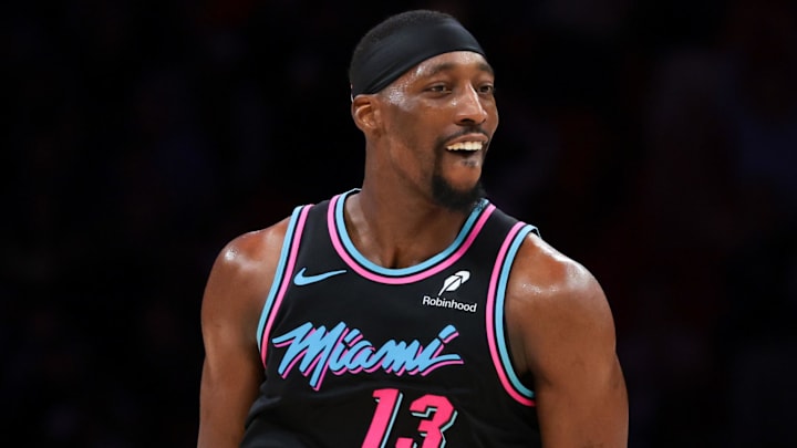 Mar 30, 2026; Miami, Florida, USA; Miami Heat center Bam Adebayo (13) reacts after scoring against the Philadelphia 76ers during the fourth quarter at Kaseya Center. Mandatory Credit: Sam Navarro-Imagn Images