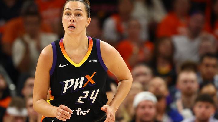 Oct 8, 2025; Phoenix, Arizona, USA; Phoenix Mercury forward Kathryn Westbeld (24) against the Las Vegas Aces during game three of the 2025 WNBA Finals at PHX Arena. Mandatory Credit: Mark J. Rebilas-Imagn Images