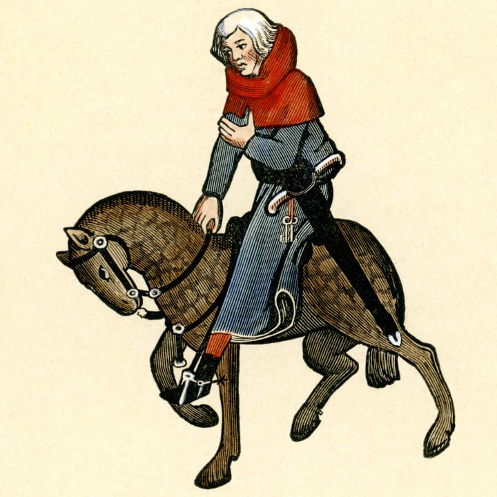 illustration of oswald the reeve on a horse from chaucer's "the reeve's tale"