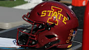 Oct 19, 2019; Lubbock, TX, USA; An Iowa State Cyclones helmet on the bench during the game against the Texas Tech Red Raiders at Jones AT&T Stadium. Mandatory Credit: Michael C. Johnson-Imagn Images