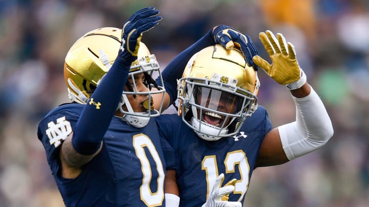 Oct 28, 2023; South Bend, Indiana, USA; Notre Dame Fighting Irish safety Xavier Watts (0) celebrates after an interception against the Pittsburgh Panthers in the second quarter at Notre Dame Stadium. Mandatory Credit: Matt Cashore-USA TODAY Sports