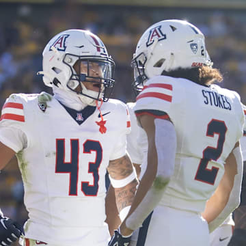 Nov 25, 2023; Tempe, Arizona, USA; Arizona Wildcats safety Dalton Johnson (43) celebrates a play with cornerback Treydan Stukes (2) against the Arizona State Sun Devils during the Territorial Cup at Mountain America Stadium. Mandatory Credit: Mark J. Rebilas-USA TODAY Sports