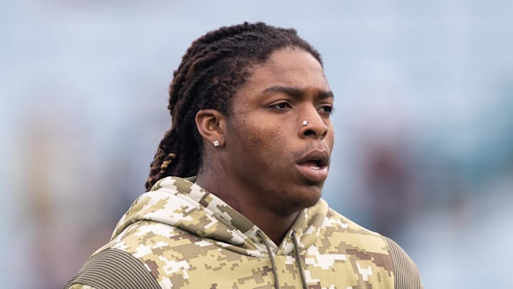 Nov 28, 2021; Jacksonville, Florida, USA; Jacksonville Jaguars wide receiver Laviska Shenault Jr. (10) warms up before the game against the Atlanta Falcons at TIAA Bank Field. 