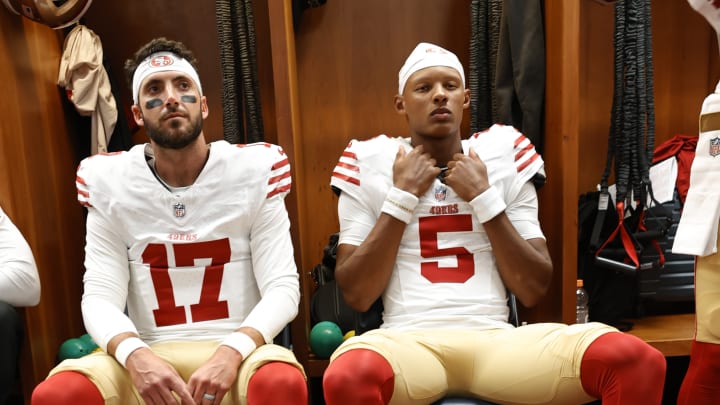 San Francisco 49ers quarterbacks Brandon Allen (L) and Joshua Dobbs (R)