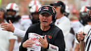 Sep 13, 2025; Lubbock, Texas, USA;   Oregon State Beavers head coach Trent Bray calls time out in the first half in the game against the Texas Tech Red Raiders at Jones AT&T Stadium. Mandatory Credit: Michael C. Johnson-Imagn Images