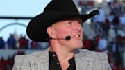 Nov 8, 2025; Lubbock, Texas, USA;  Former West Virginia Mountaineer and current professional wrestler Pat McAfee on the ESPN College Game Day broadcast before the game between the Texas Tech Red Raiders and the Brigham Young Cougars at Jones AT&T Stadium. Mandatory Credit: Michael C. Johnson-Imagn Images