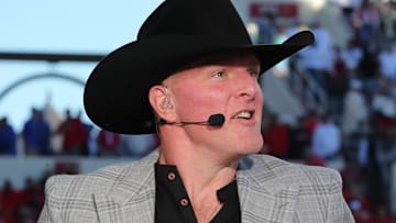 Nov 8, 2025; Lubbock, Texas, USA;  Former West Virginia Mountaineer and current professional wrestler Pat McAfee on the ESPN College Game Day broadcast before the game between the Texas Tech Red Raiders and the Brigham Young Cougars at Jones AT&T Stadium. Mandatory Credit: Michael C. Johnson-Imagn Images