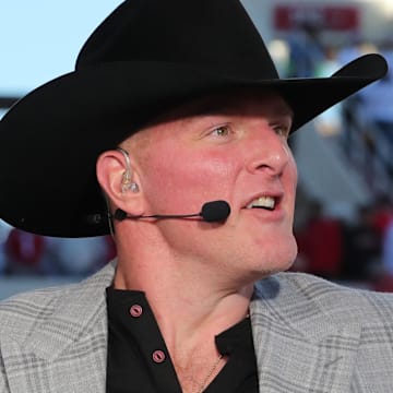 Nov 8, 2025; Lubbock, Texas, USA;  Former West Virginia Mountaineer and current professional wrestler Pat McAfee on the ESPN College Game Day broadcast before the game between the Texas Tech Red Raiders and the Brigham Young Cougars at Jones AT&T Stadium. Mandatory Credit: Michael C. Johnson-Imagn Images