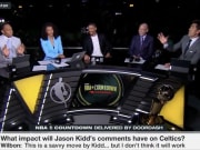Stephen A. Smith, Malika Andrews, Josh Hart, Mike Wilson and Bob Myers on NBA Countdown before Game 2 of the 2024 NBA Finals. 