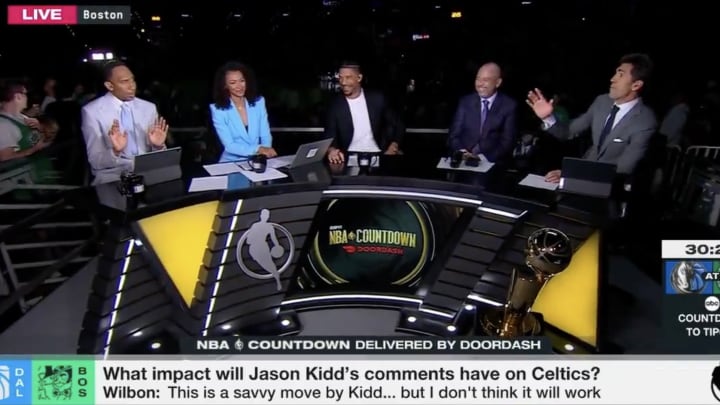 Stephen A. Smith, Malika Andrews, Josh Hart, Mike Wilson and Bob Myers on NBA Countdown before Game 2 of the 2024 NBA Finals. 