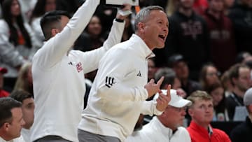 Feb 12, 2025; Lubbock, Texas, USA;  Texas Tech Red Raiders head coach Grant McCasland reacts in the first half during the game against the Arizona State Sun Devils at United Supermarkets Arena. Mandatory Credit: Michael C. Johnson-Imagn Images