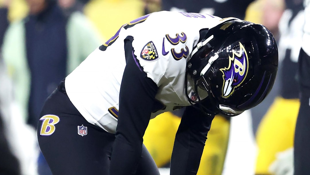 Jan 4, 2026; Pittsburgh, Pennsylvania, USA; Baltimore Ravens place kicker Tyler Loop (33) reacts after missing the game winning field goal against the Pittsburgh Steelers during the second half at Acrisure Stadium. Mandatory Credit: Charles LeClaire-Imagn Images