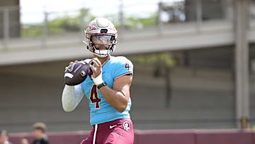 Apr 20, 2024; Tallahassee, Florida, USA; Florida State Seminoles quarterback DJ Uiagalelei (4) during the Spring Showcase at Doak S. Campbell Stadium. Mandatory Credit: Melina Myers-Imagn Images