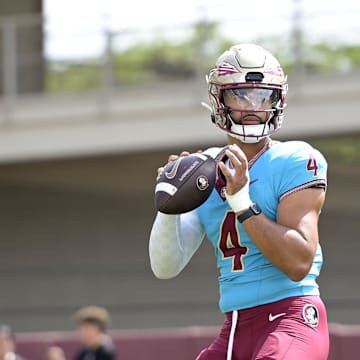 Apr 20, 2024; Tallahassee, Florida, USA; Florida State Seminoles quarterback DJ Uiagalelei (4) during the Spring Showcase at Doak S. Campbell Stadium. Mandatory Credit: Melina Myers-Imagn Images