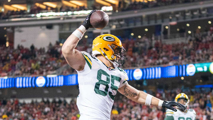 Green Bay Packers tight end Tucker Kraft (85) celebrates after scoring a touchdown against the San Francisco 49ers during last year's playoffs.