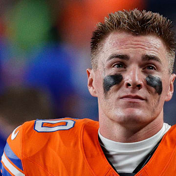 Nov 6, 2025; Denver, Colorado, USA; Denver Broncos quarterback Bo Nix (10) in the fourth quarter against the Las Vegas Raiders at Empower Field at Mile High. Mandatory Credit: Isaiah J. Downing-Imagn Images