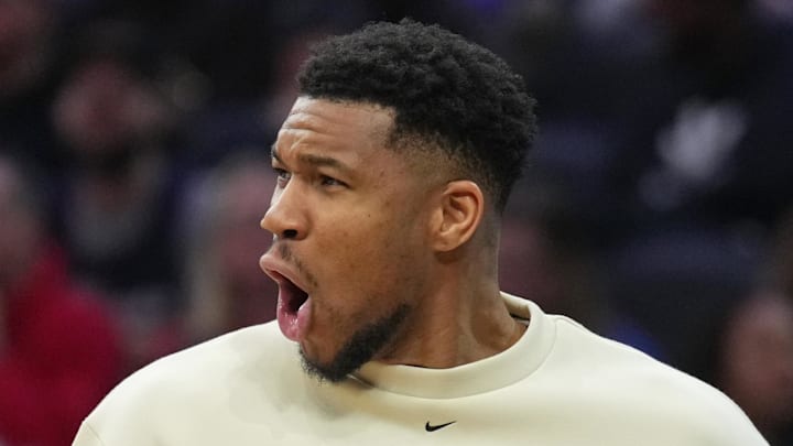 Milwaukee Bucks forward Giannis Antetokounmpo reacts during the game against the Philadelphia 76ers at Xfinity Mobile Arena, Apr 12, 2026.