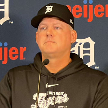 Detroit Tigers manager A.J. Hinch speaks to reporters April 5, 2024, before the home opener at Comerica Park.