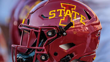 Nov 9, 2024; Kansas City, Missouri, USA; Iowa State Cyclones helmets on the bench during the first quarter against the Kansas Jayhawks at GEHA Field at Arrowhead Stadium. 