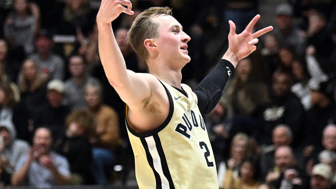 Purdue Boilermakers guard Fletcher Loyer (2) celebrates a three-pointer 