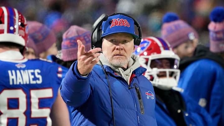Bills head coach Sean McDermott signals to go for it on fourth and short during the second half of their game at Highmark Stadium in Orchard Park Sunday, Jan. 4, 2026.