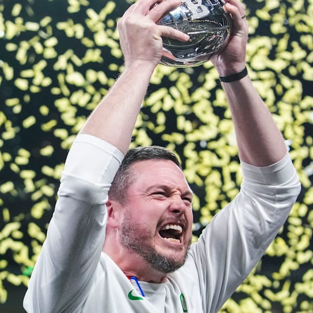 Oregon Ducks head coach Dan Lanning celebrates Saturday, Dec. 7, 2024, during the Big Ten Championship game between the Orego