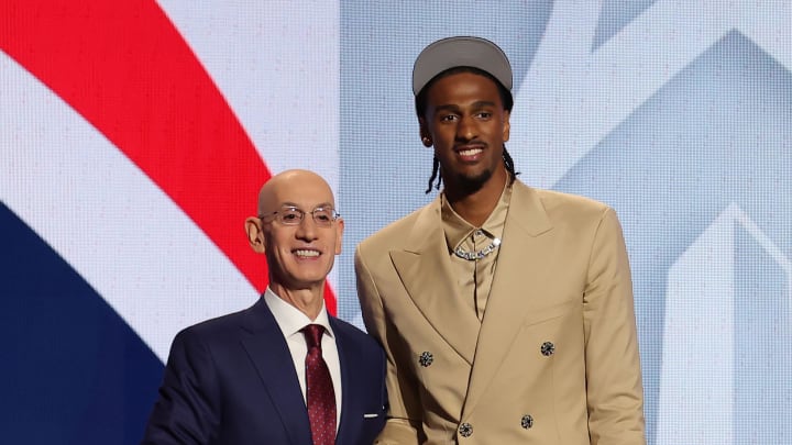 Jun 26, 2024; Brooklyn, NY, USA; Alexander Sarr poses for photos with NBA commissioner Adam Silver after being selected in the first round by the Washington Wizards in the 2024 NBA Draft at Barclays Center. Mandatory Credit: Brad Penner-USA TODAY Sports