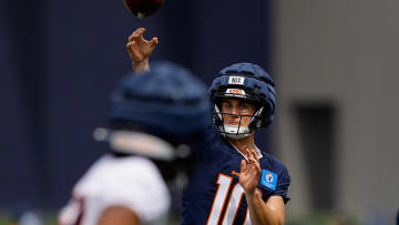 Jul 26, 2024; Englewood, CO, USA; Denver Broncos quarterback Bo Nix (10) during training camp at Broncos Park Powered by CommonSpirit. Mandatory Credit: Isaiah J. Downing-USA TODAY Sports