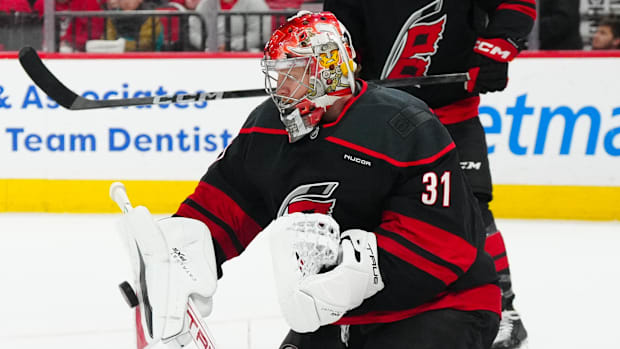 Carolina Hurricanes goaltender Frederik Andersen stops the shot against the Washington Capitals.